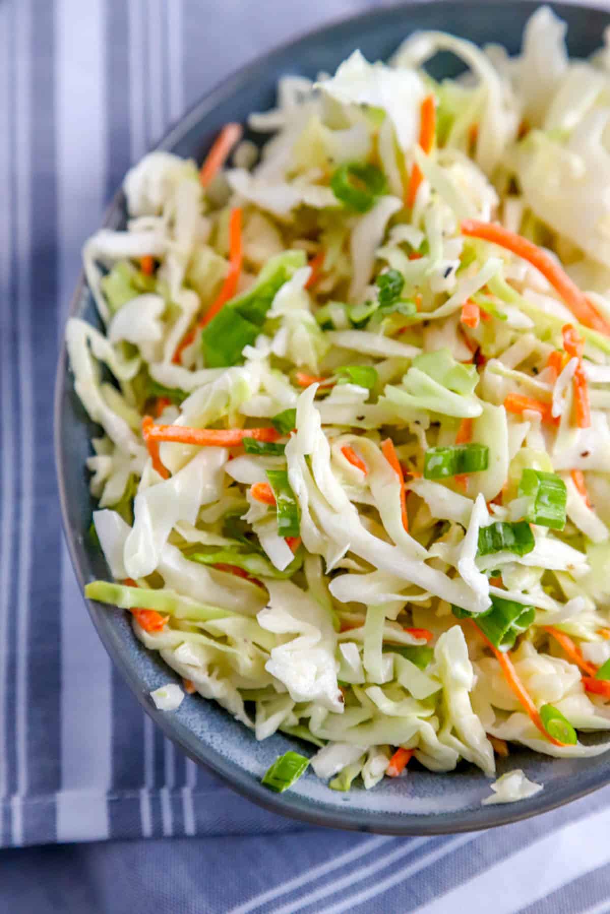homemade coleslaw with blue striped napkin