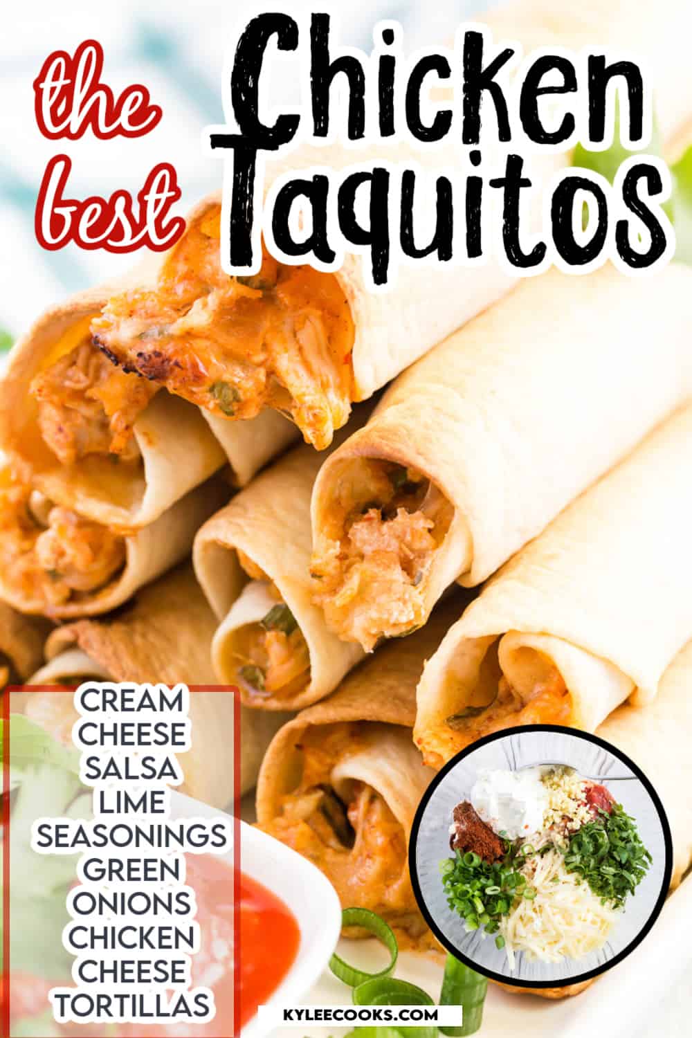 chicken taquitos on a white platter with ingredients and recipe name overlaid in text.