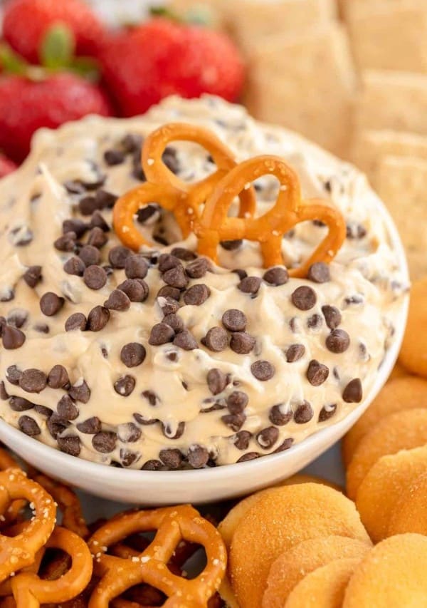 Chocolate chip cookie dough dip with strawberries and pretzels.