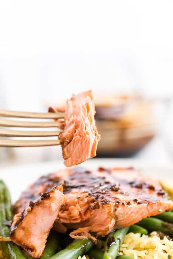 balsamic glazed salmon on a fork