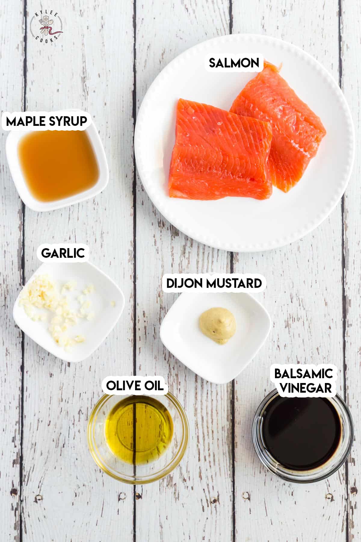 ingredients to make balsamic glazed salmon laid out and labeled