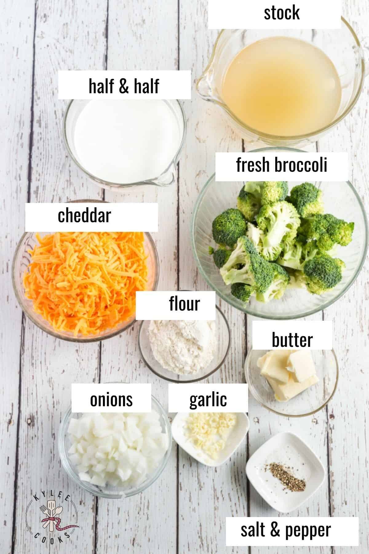broccoli cheddar soup ingredients laid out and labeled