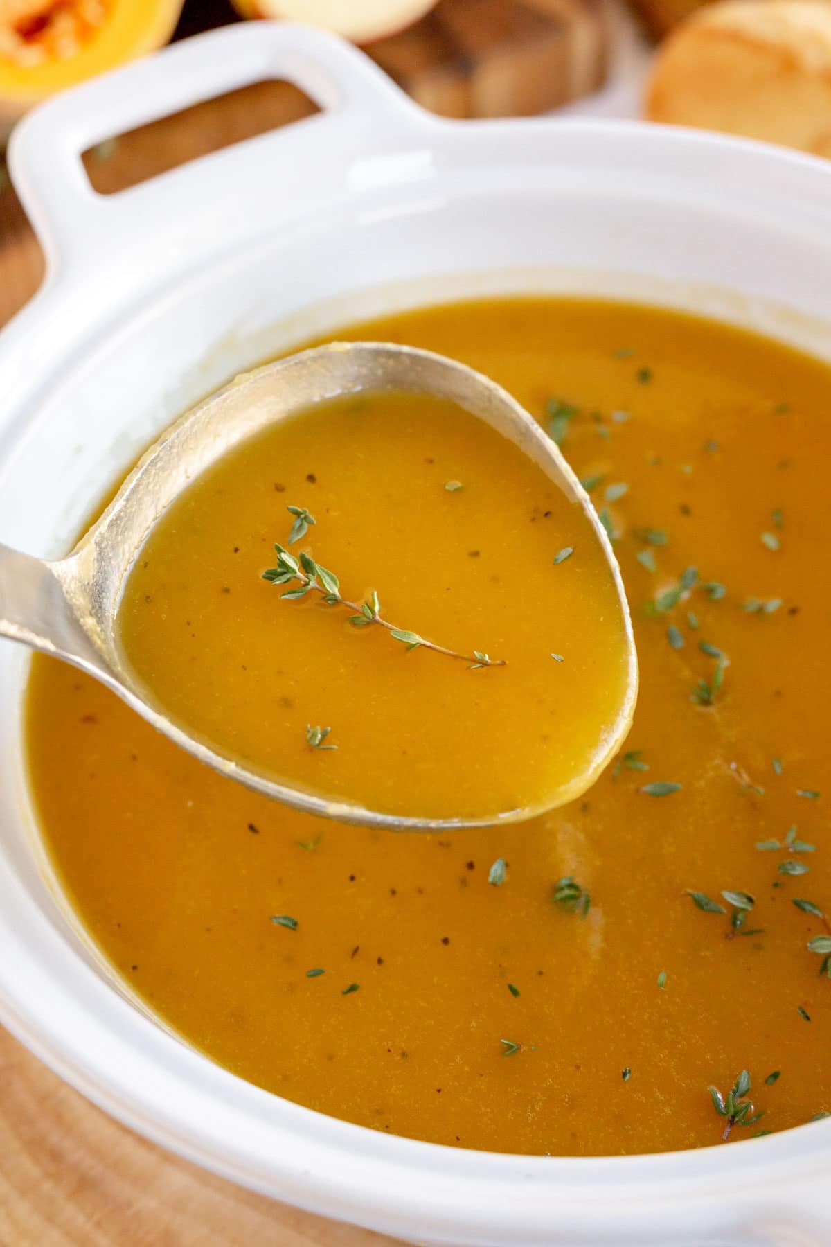 butternut squash soup in a white bows