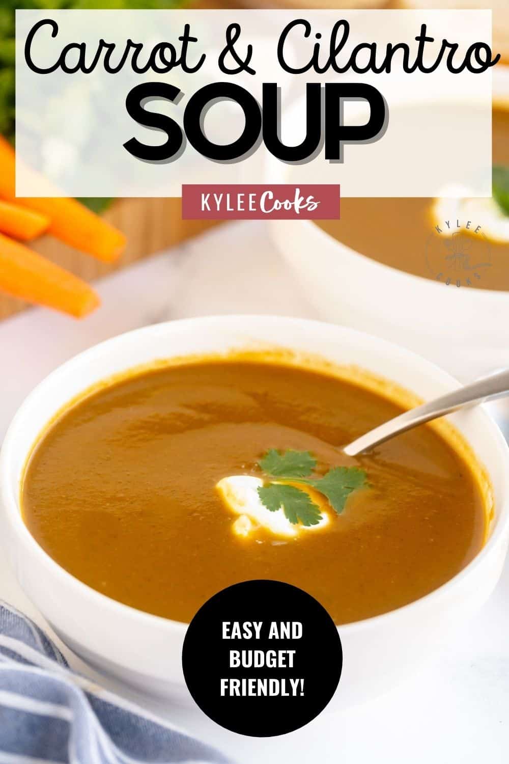 carrot soup in a white bowl with recipe title in text overlaid