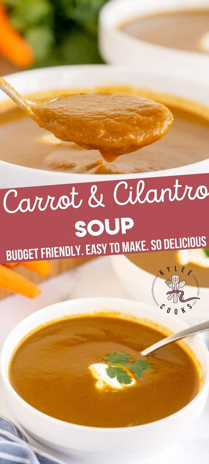 collage of carrot soup in a white bowl with recipe title in text overlaid