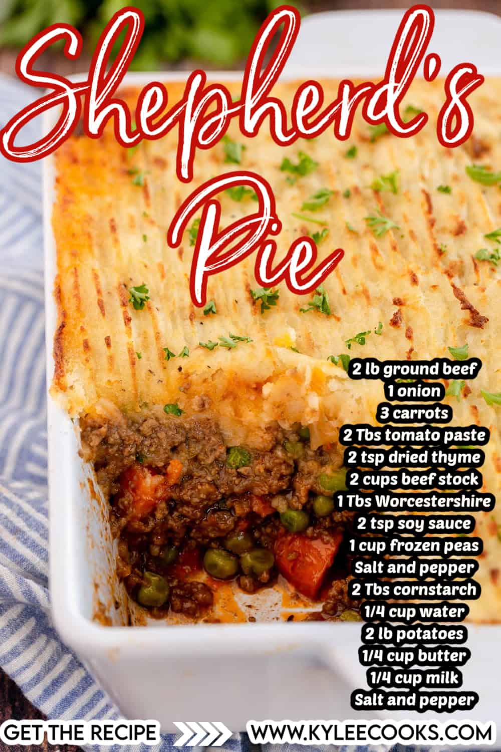 shepherd's pie with a scoop removed showing the inside with recipe title and ingredients overlaid in text