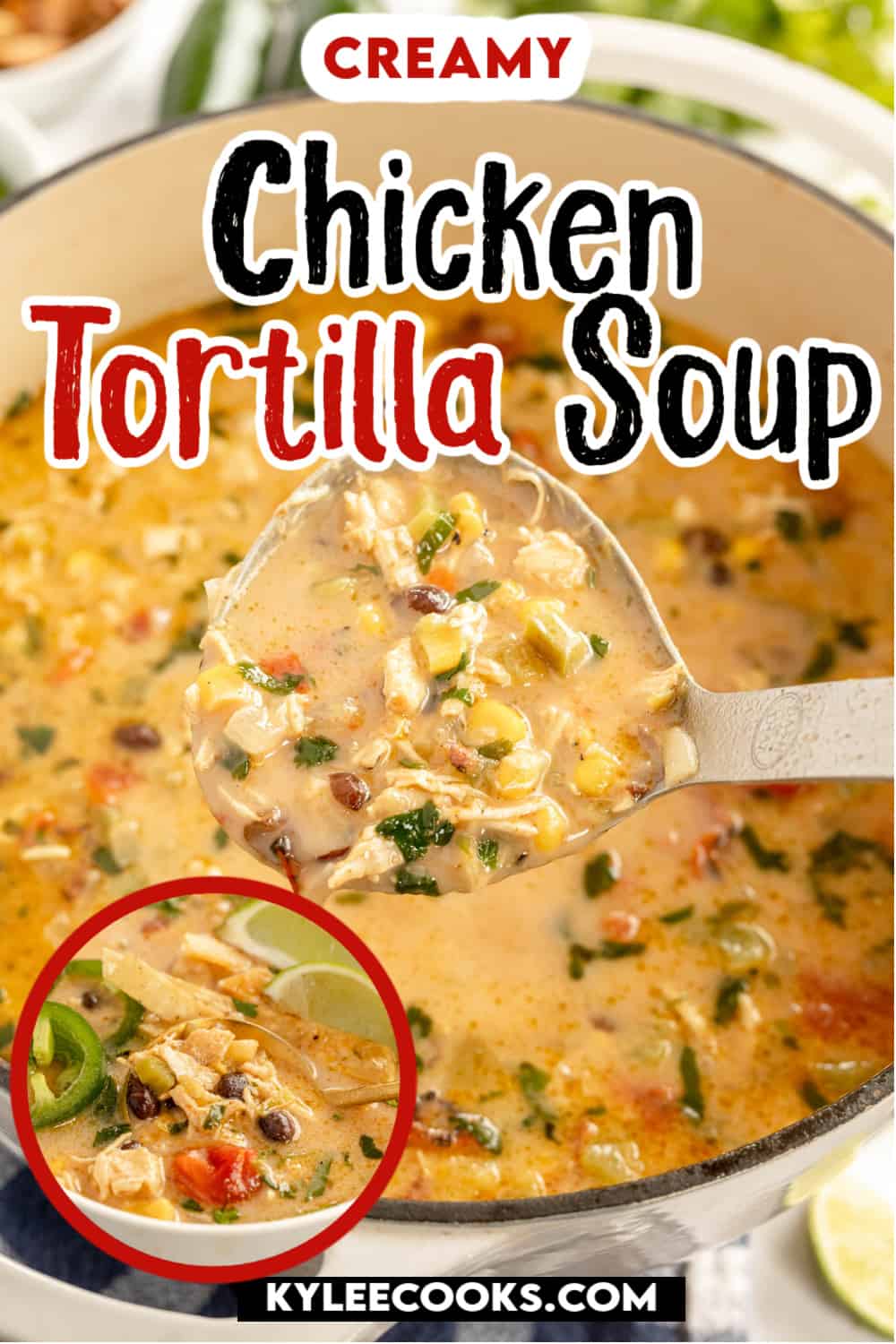 Creamy chicken tortilla soup in a dutch oven with a ladle.