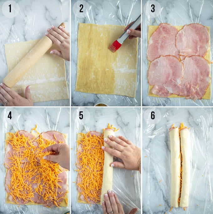 process shots that show how to make savory ham and cheese palmiers