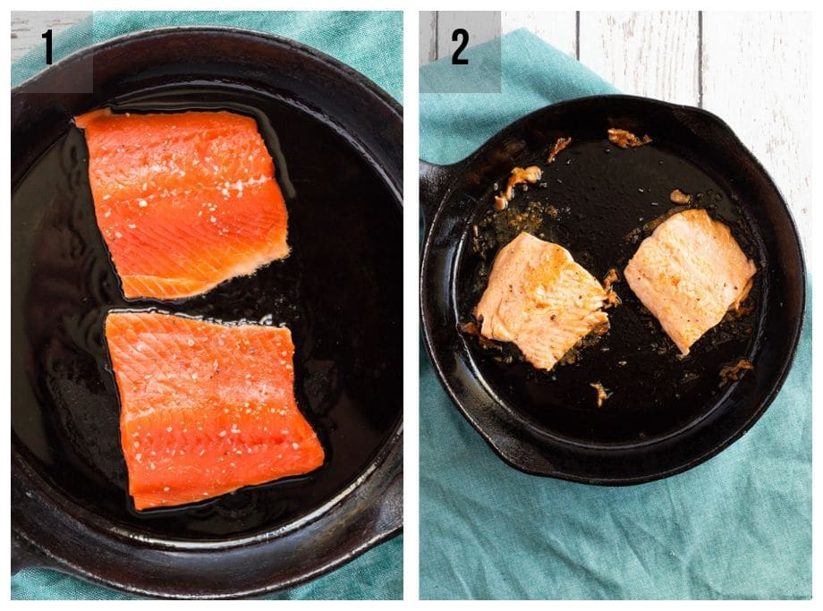 process shots showing how to pan sear salmon