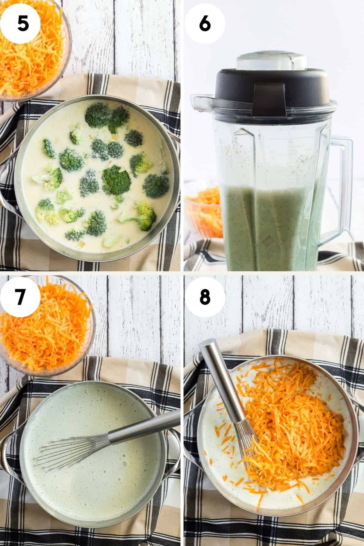 collage of step by step process to make broccoli cheddar soup