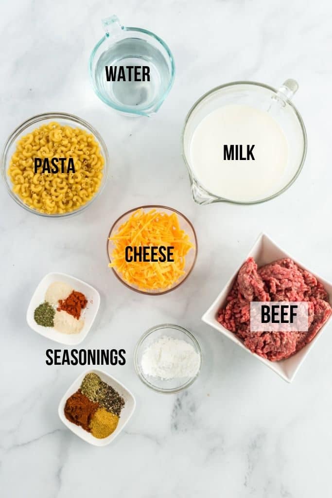 ingredients to make homemade hamburger helper with labels
