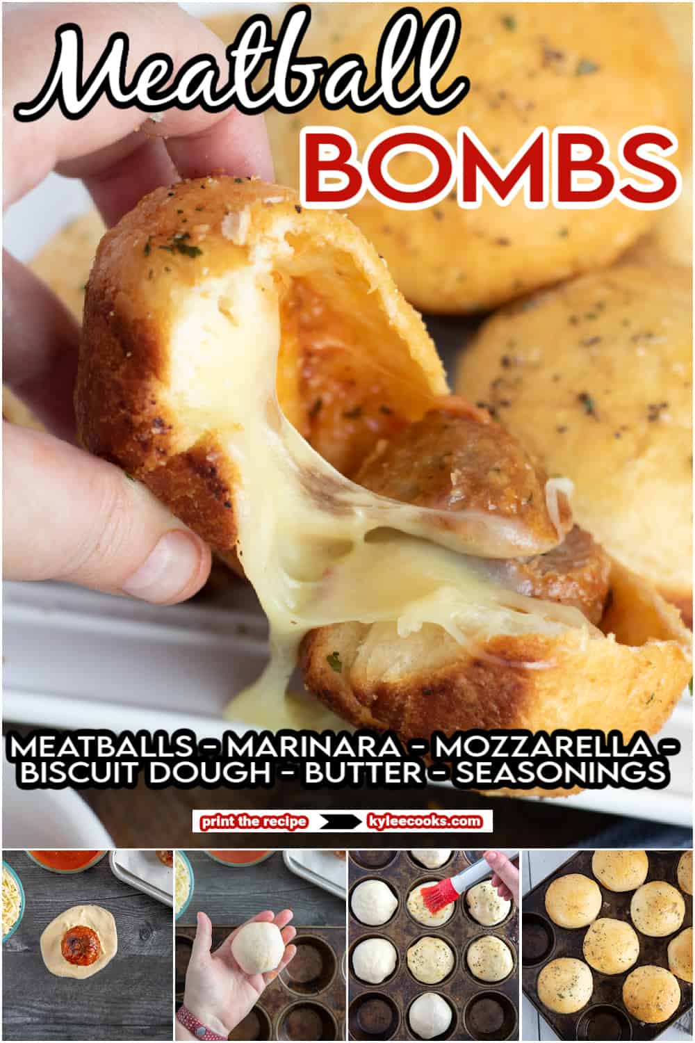 meatball bombs on a platter with recipe name overlaid in text.