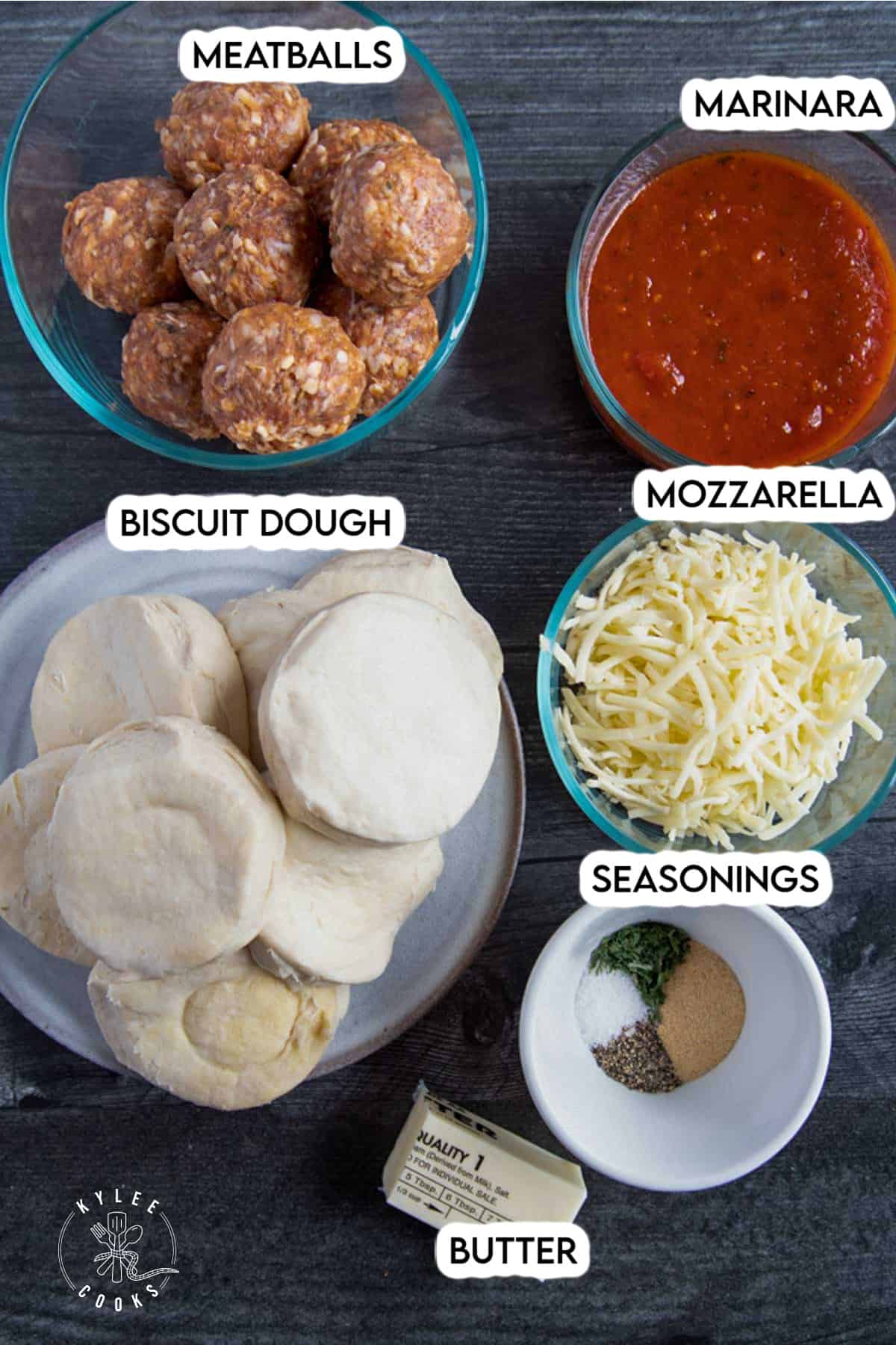 meatball bombs ingredients laid out and labeled.