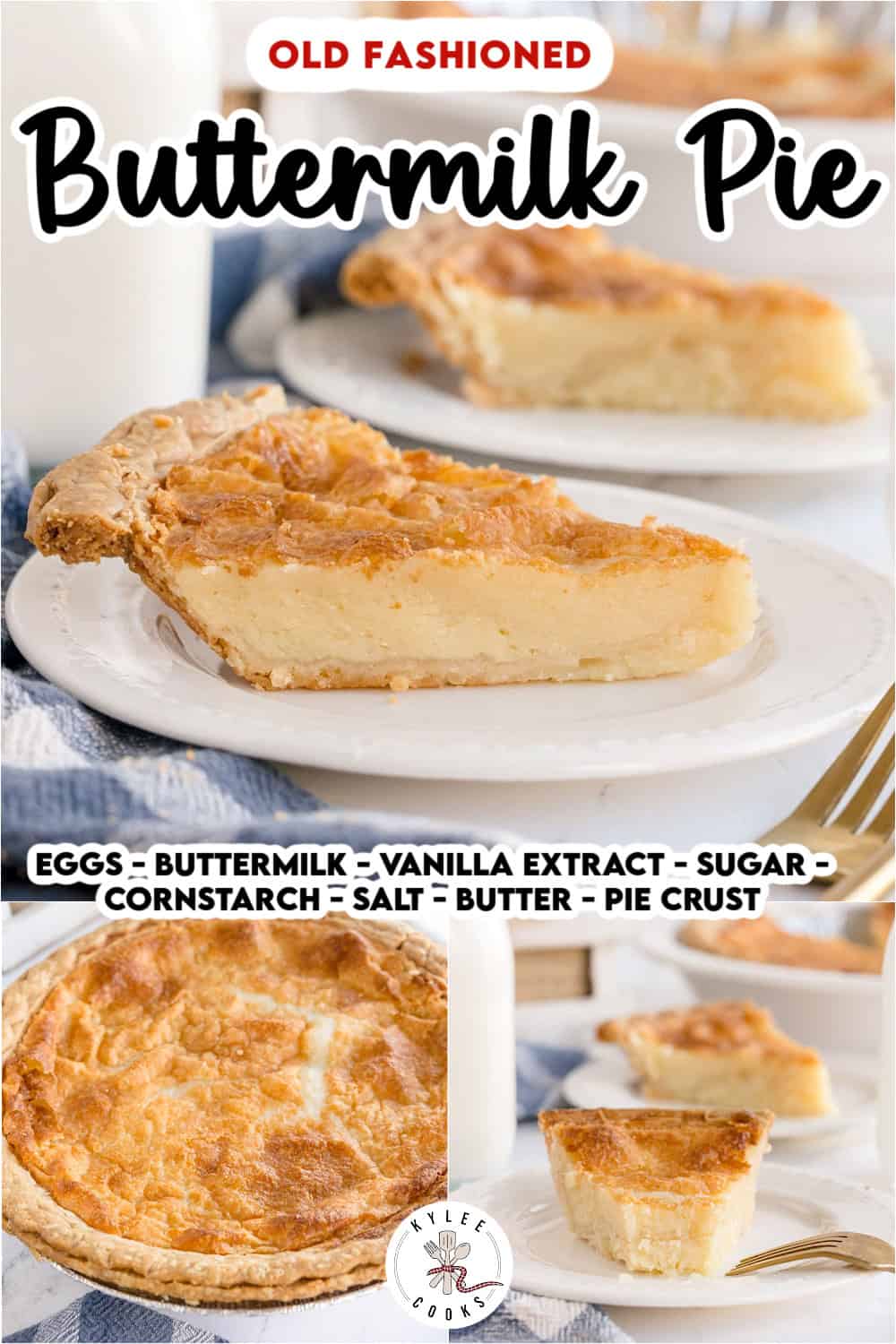 A slice of Old Fashioned Buttermilk Pie on a white plate, with text listing the ingredients and the title.