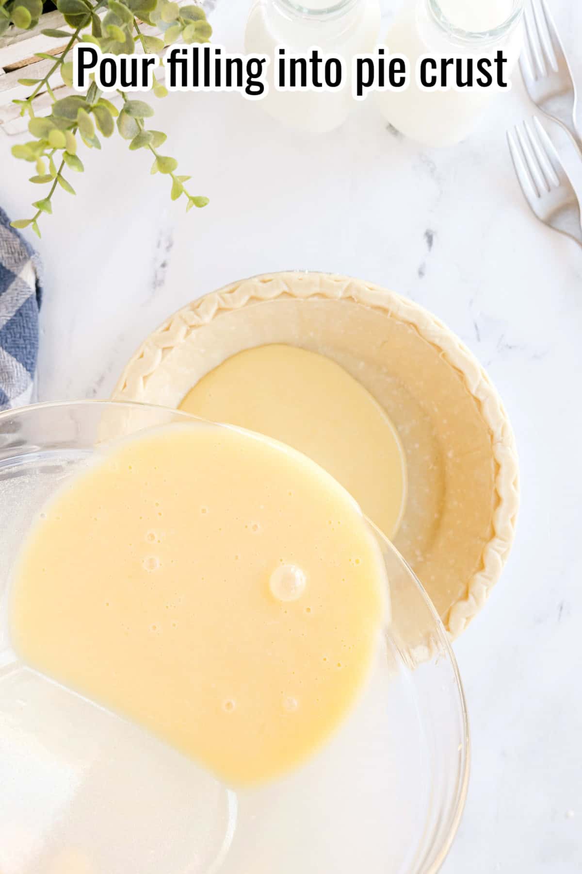 Yellow buttermilk pie filling being poured from a glass bowl into a raw pie crust. Text overlay reads “Pour filling into pie crust”.