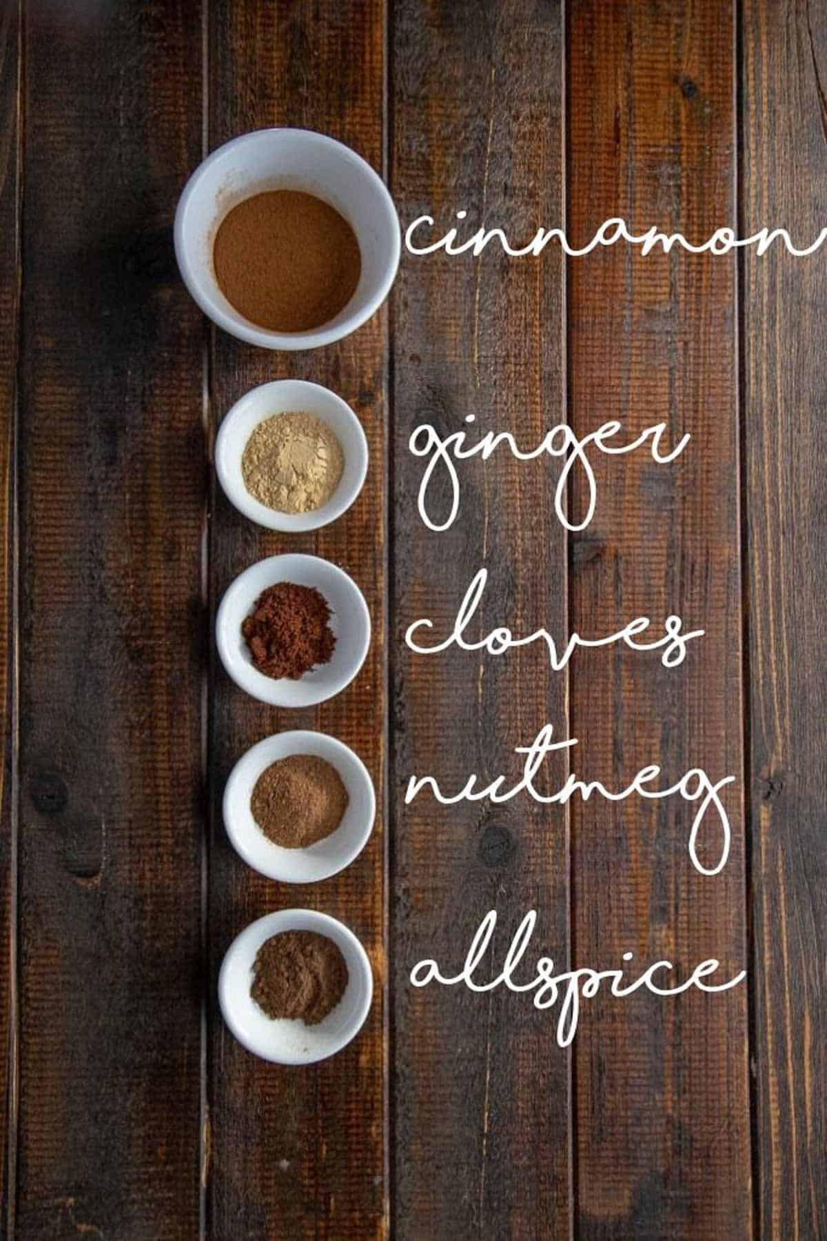 pumpkin pie spice ingredients laid out and labeled 
