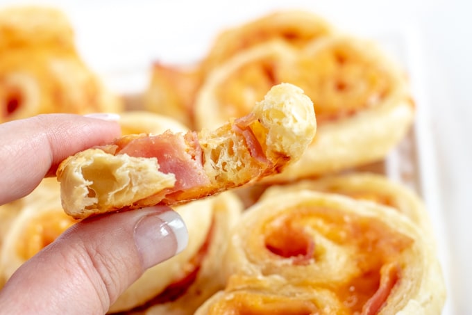close up of ham and cheese palmiers