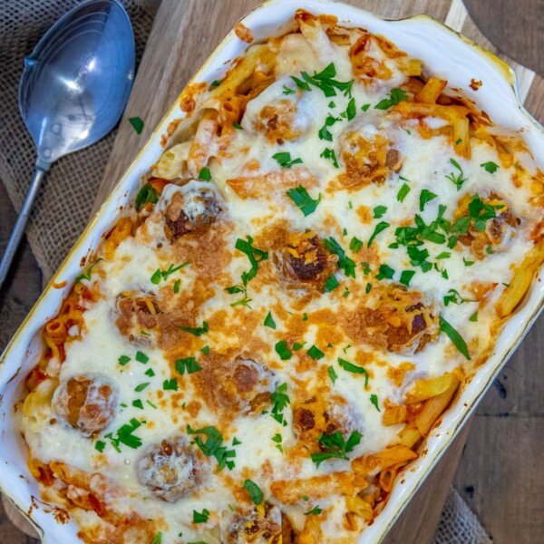 4 Ingredient Meatball Casserole on a wooden board with a