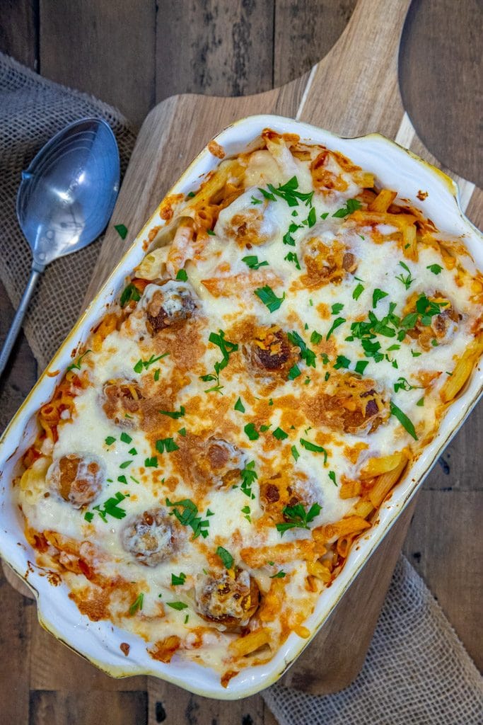 4 Ingredient Meatball Casserole on a wooden board with a