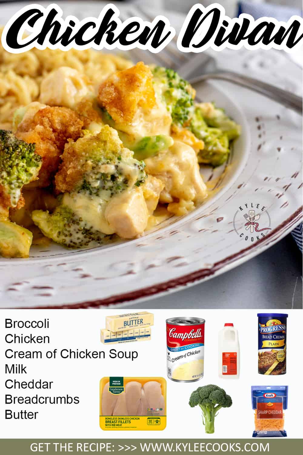 collage of chicken divan casserole with ingredients in text overlaid