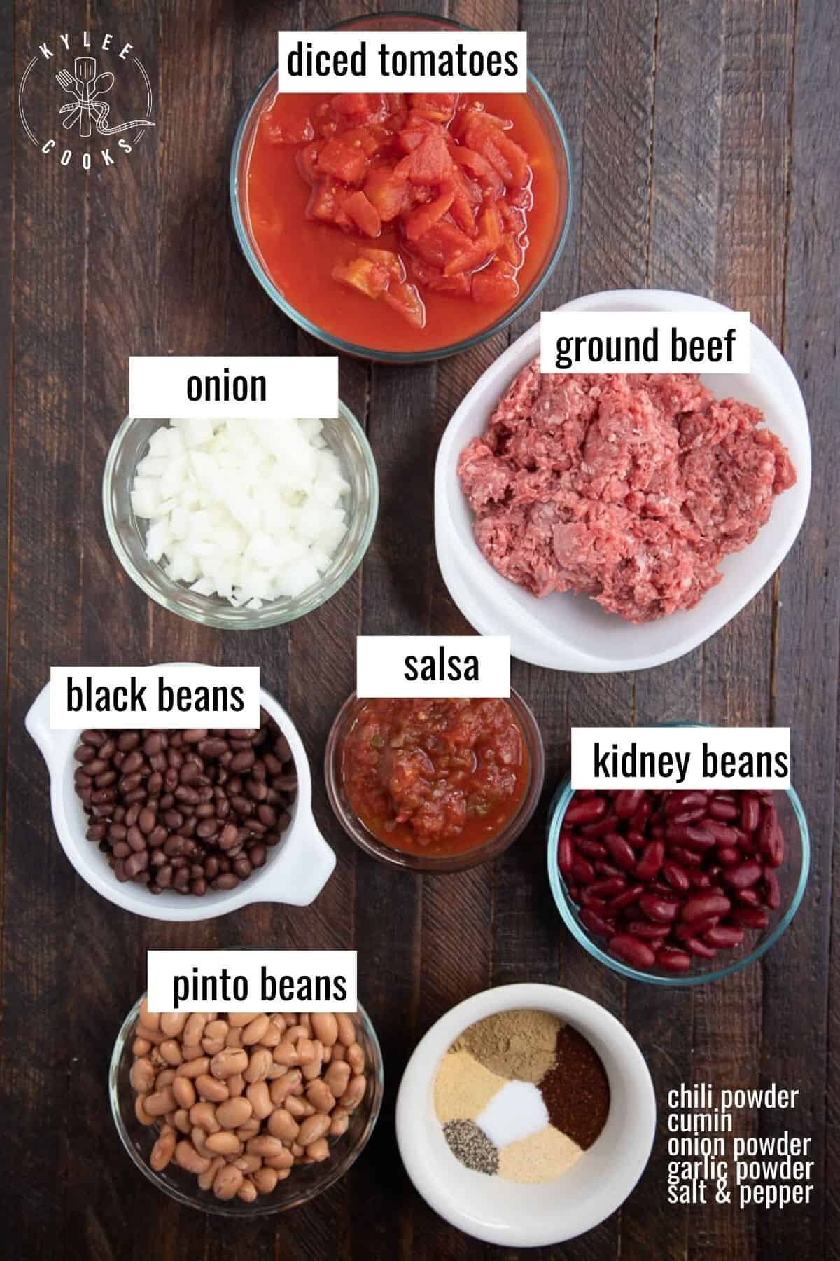 chili ingredients laid out and labeled