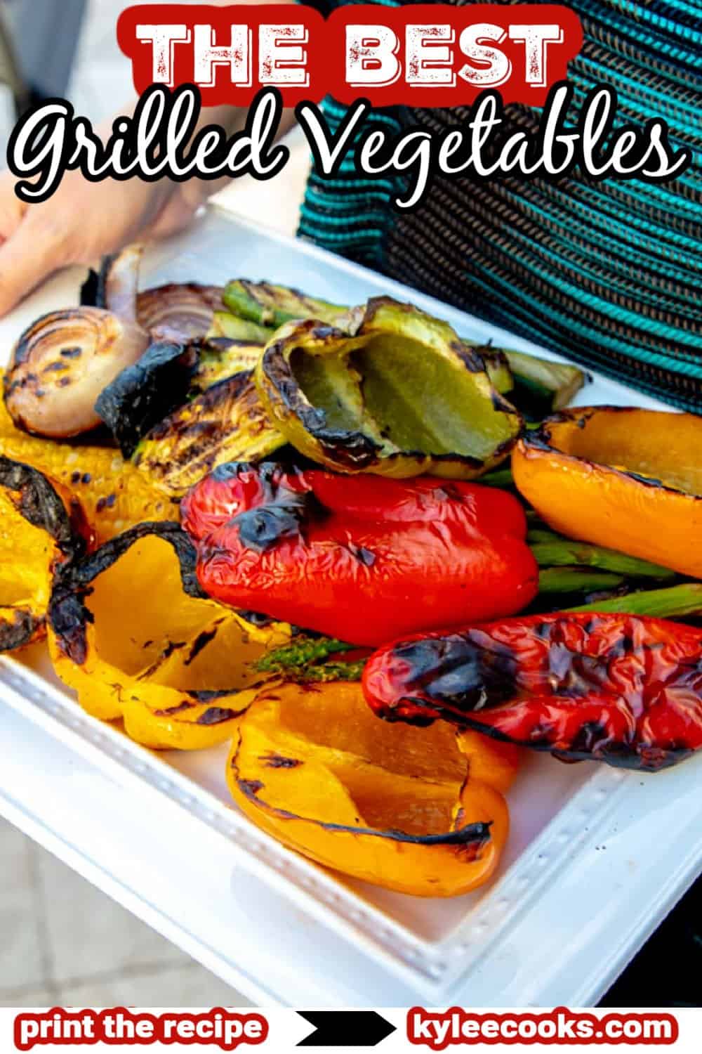 freshly grilled vegetables on a white platter being held by hands.