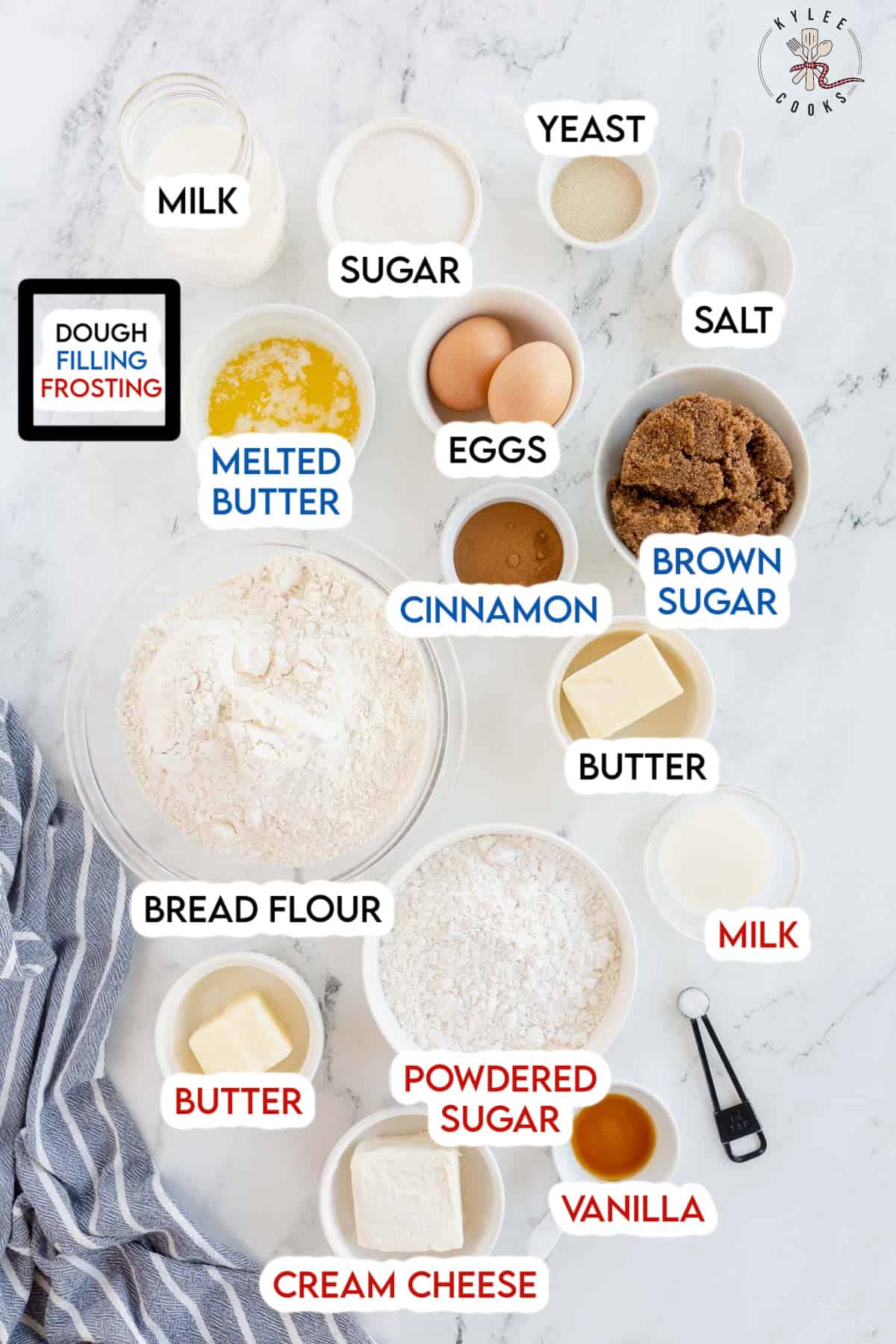 cinnamon roll ingredients laid out and labeled.