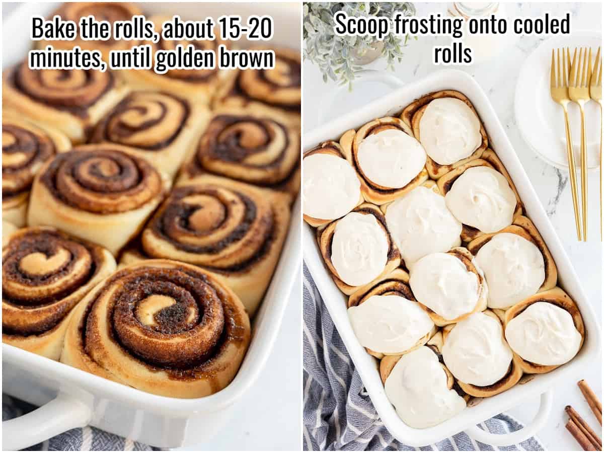 baked cinnamon rolls in a baking dish, then another image with the cinnamon rolls with frosting on top.