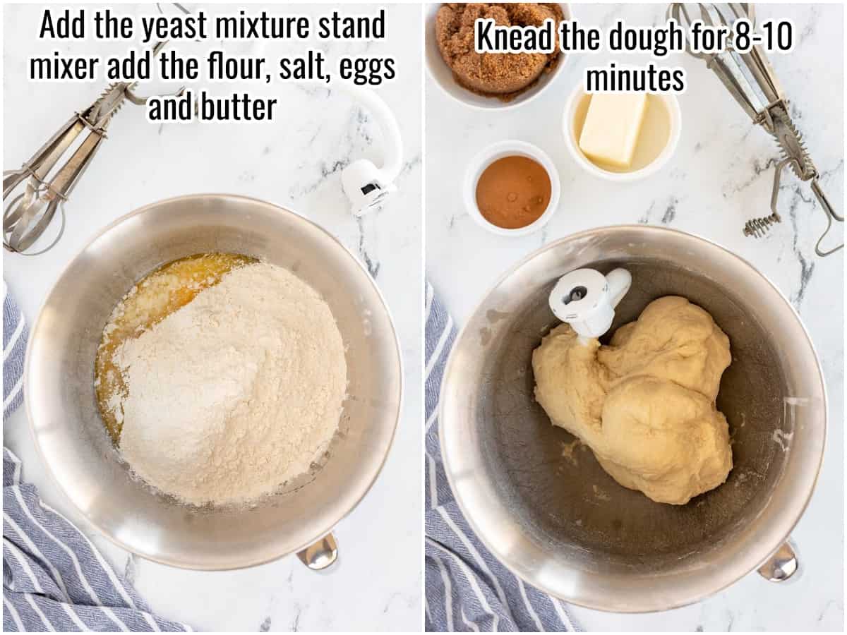 two photos showing how to make dough for cinnamon rolls - adding flour etc and kneading.