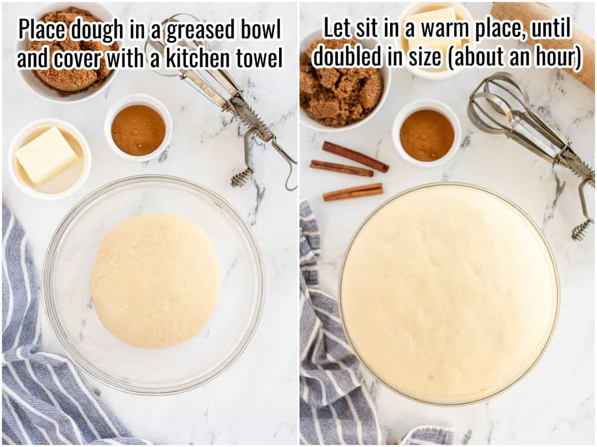 two photos showing how to make dough for cinnamon rolls - first rise.