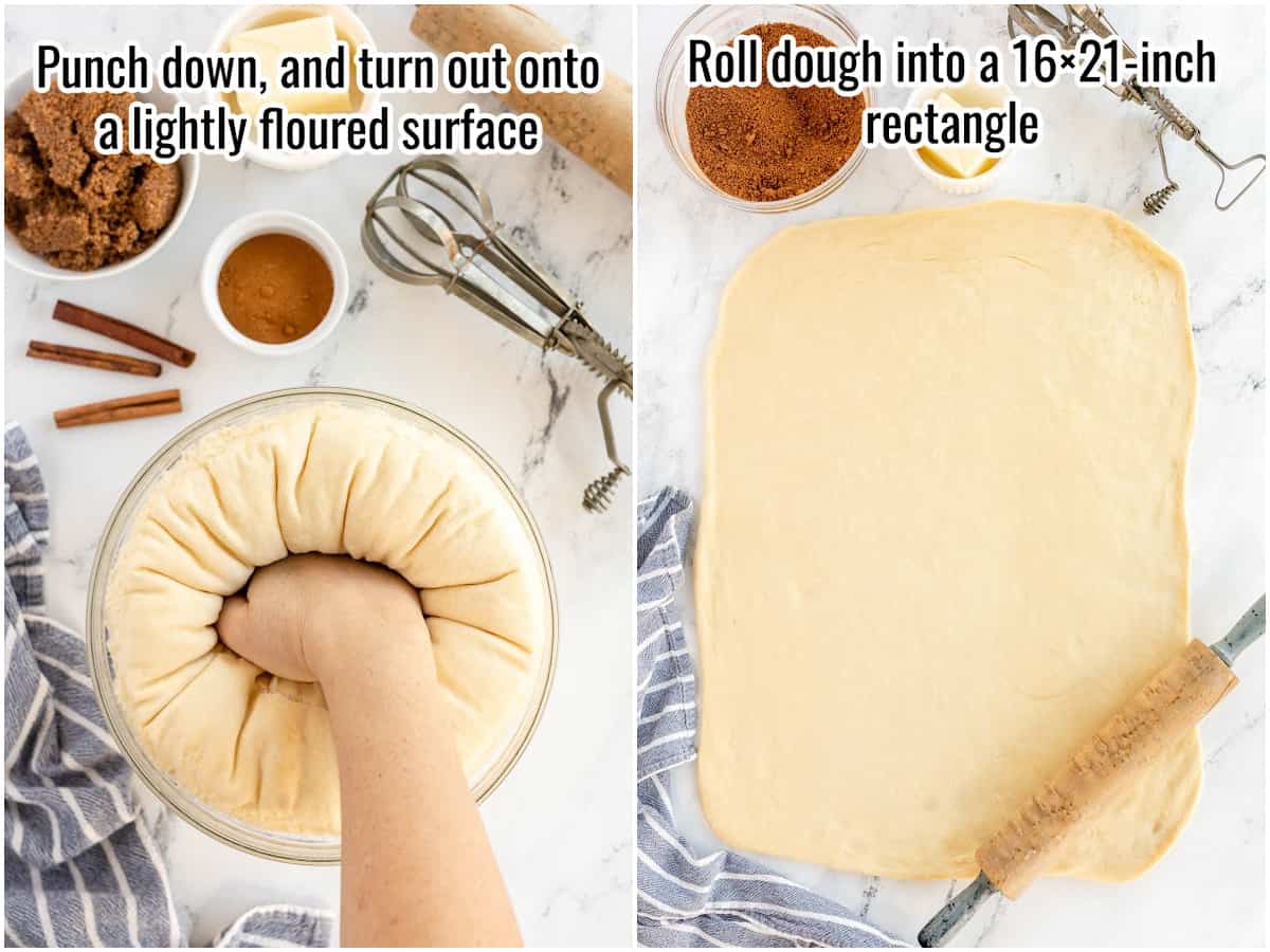 two photos showing how to make cinnamon rolls - punching risen dough, and rolling out into a rectangle.