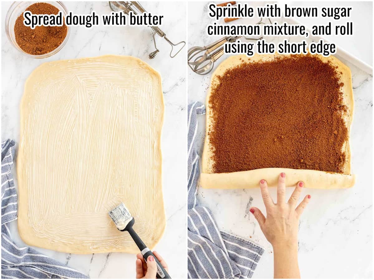 two photos showing spreading butter and filling over dough for cinnamon rolls.