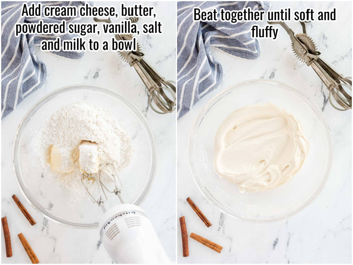two photos showing how to make frosting for cinnamon rolls.