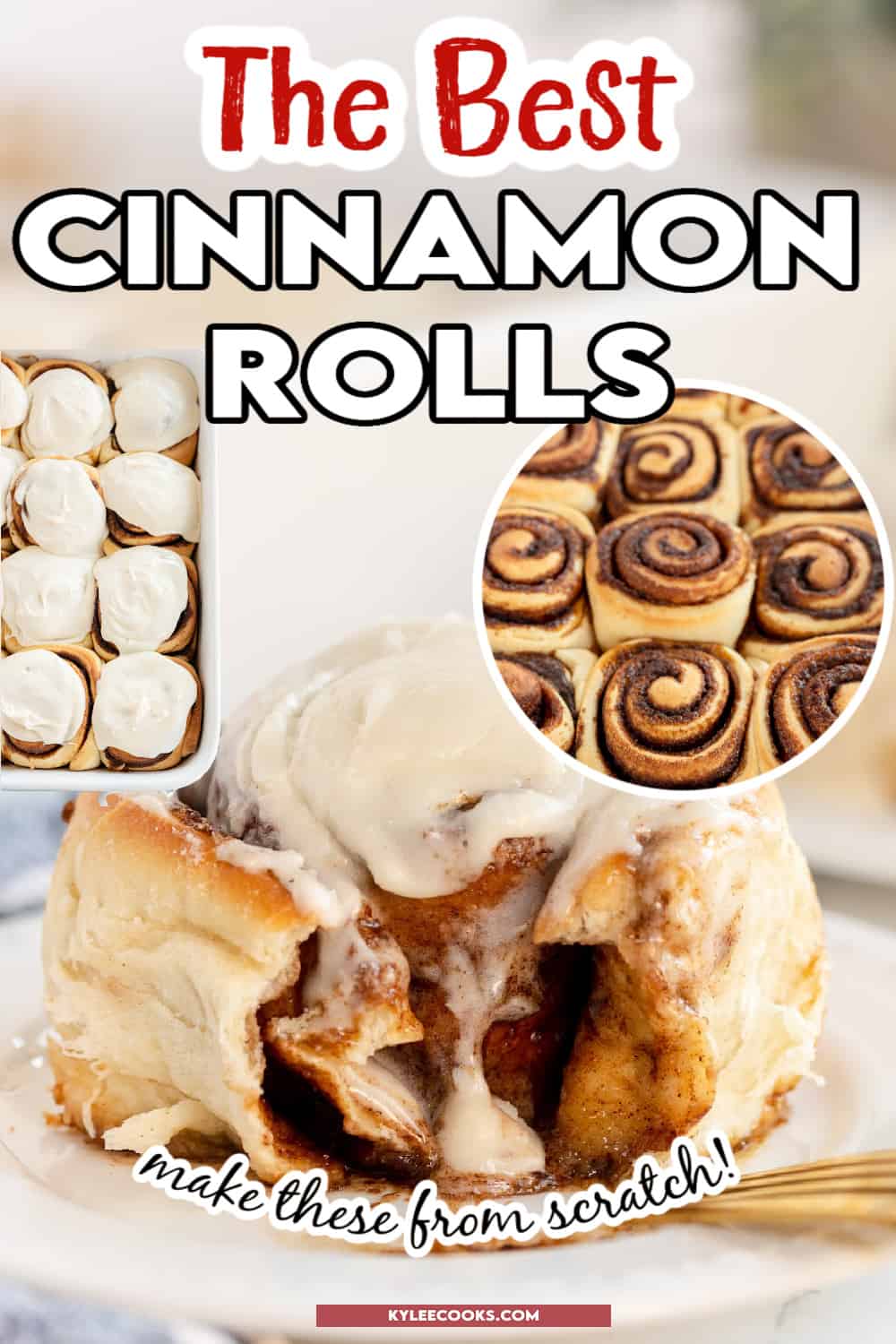 a cinnamon roll, cut open on a plate with recipe name and title overlaid in text.