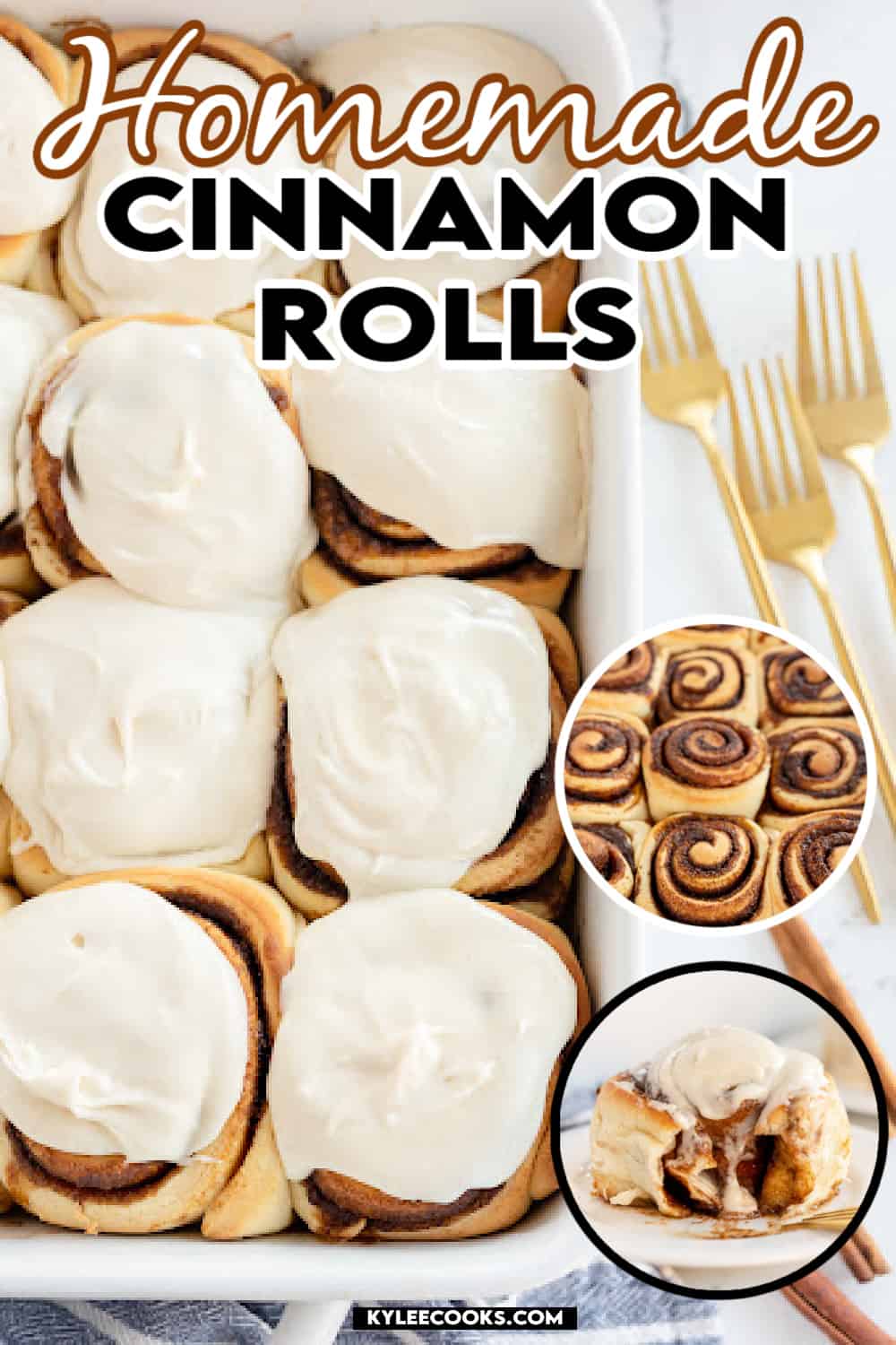 cinnamon rolls in a baking dish, with recipe name and title overlaid in text.