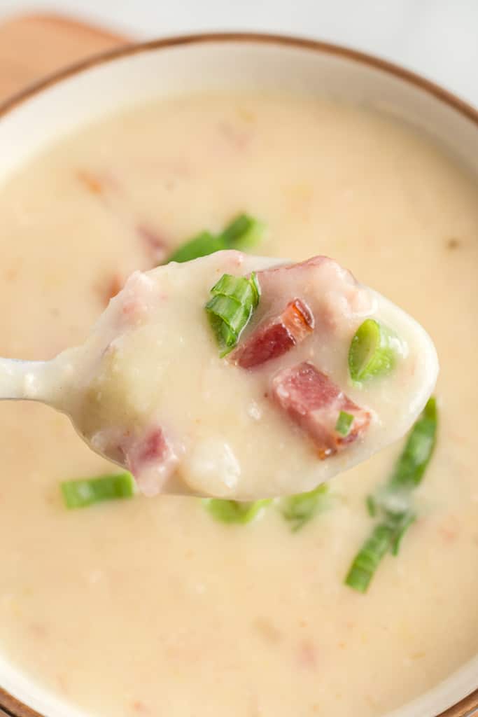 Potato Leek Soup close up in a spoon