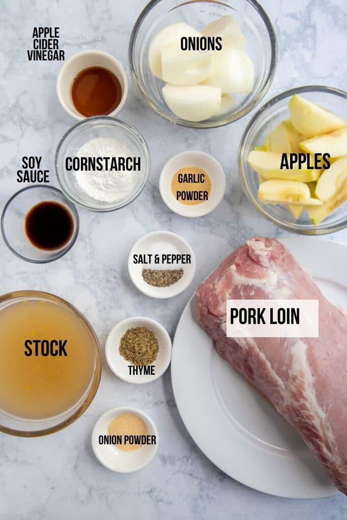 crock pot pork loin ingredients laid out and labelled