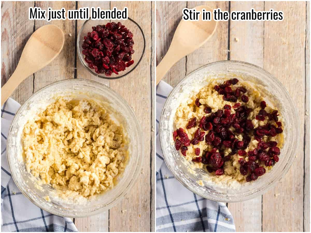 collage of process to make biscotti dough - adding cranberries.