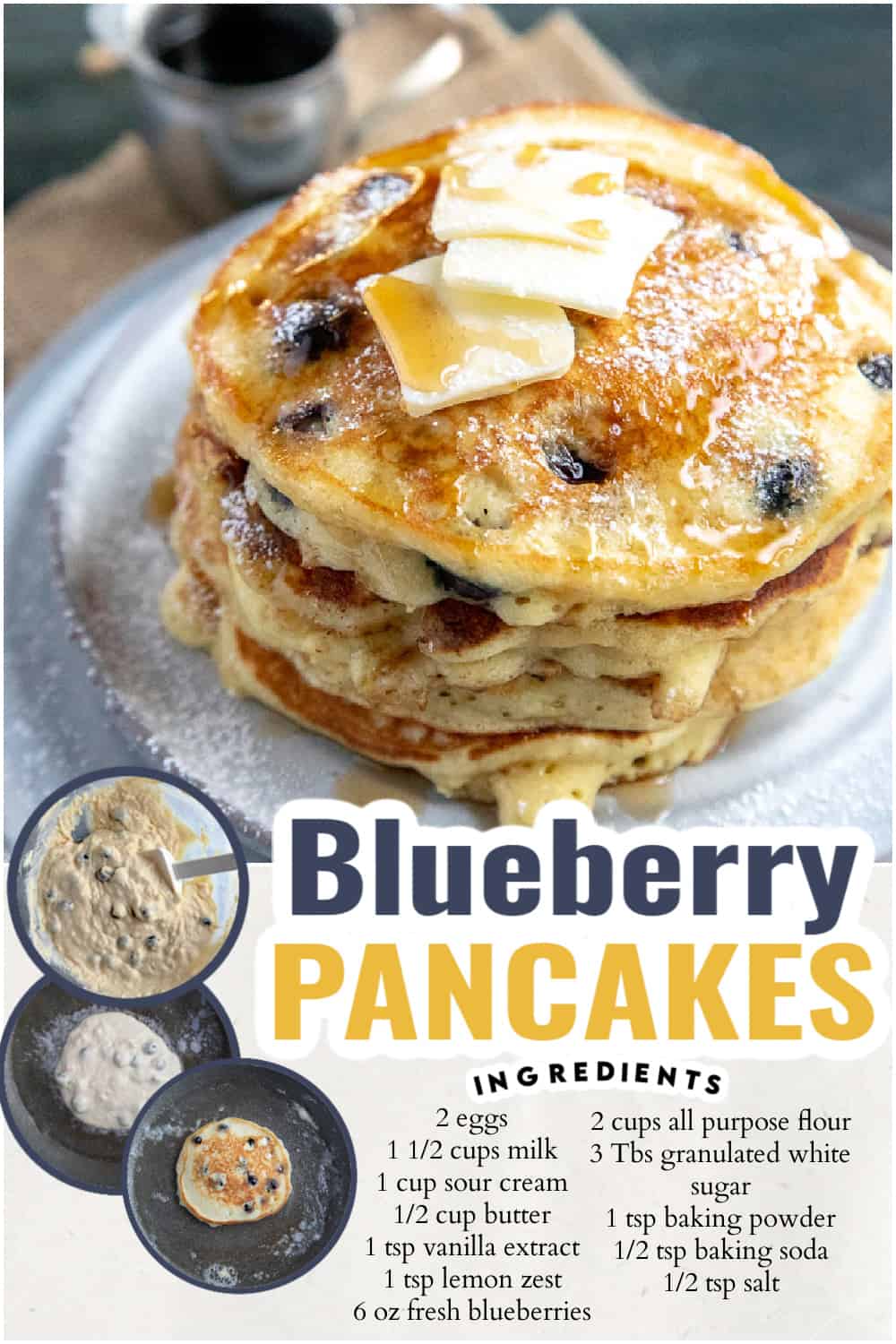 blueberry pancakes stacked on a plate with cut out images of the process to cook them.