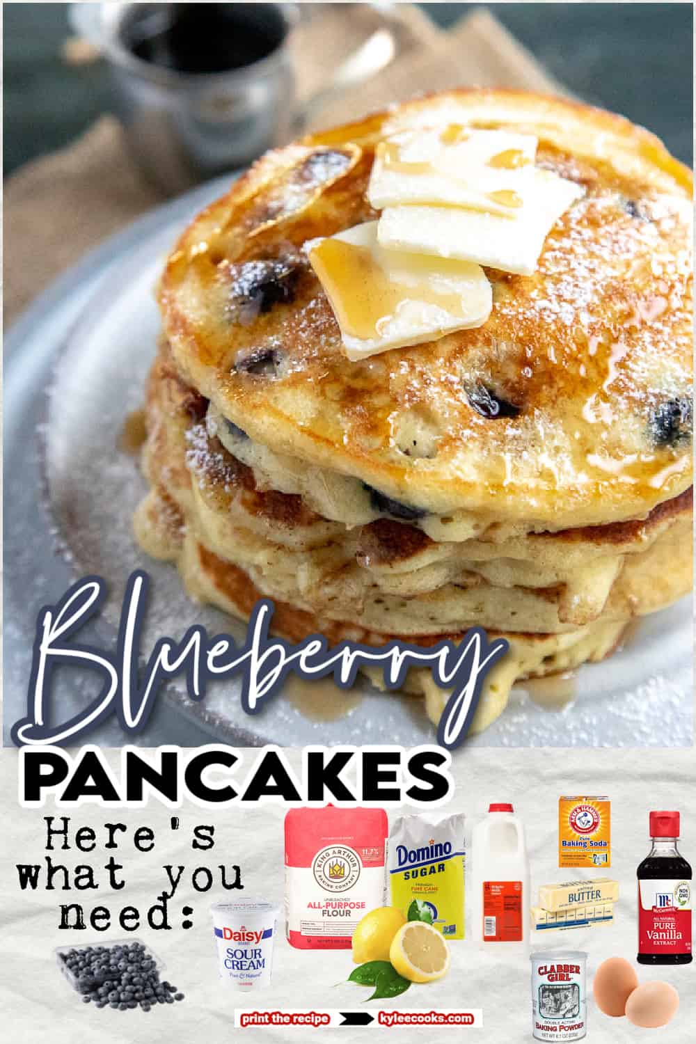 blueberry pancakes stacked on a plate with ingredient images overlaid.