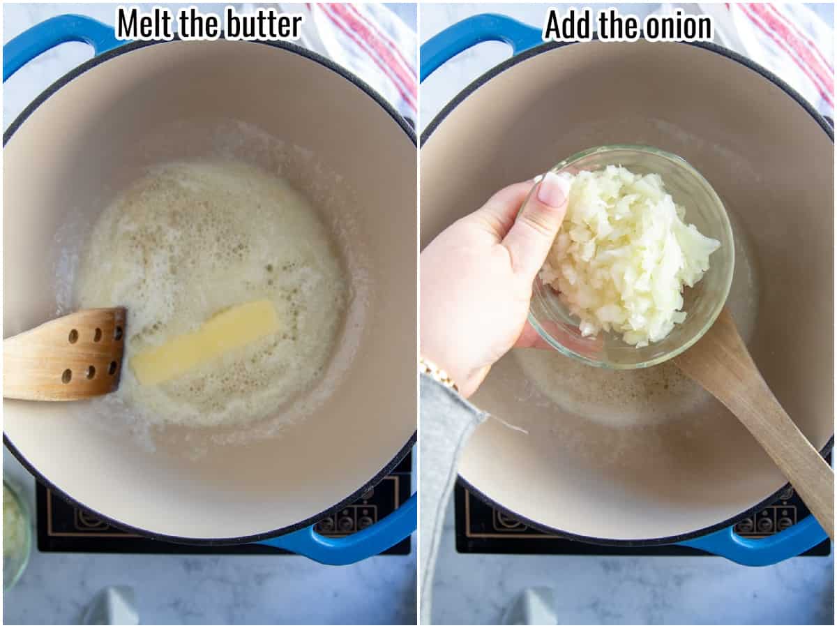 two pictures showing melting butter and adding onion.
