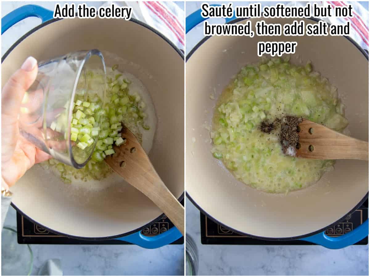 two pictures showing adding celery and sauteeing.