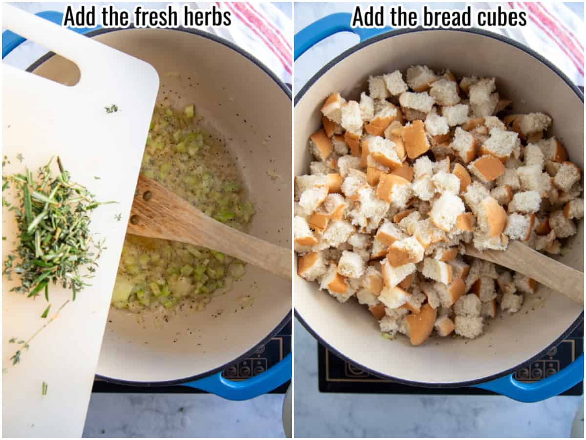 two pictures showing adding herbs and bread cubes.