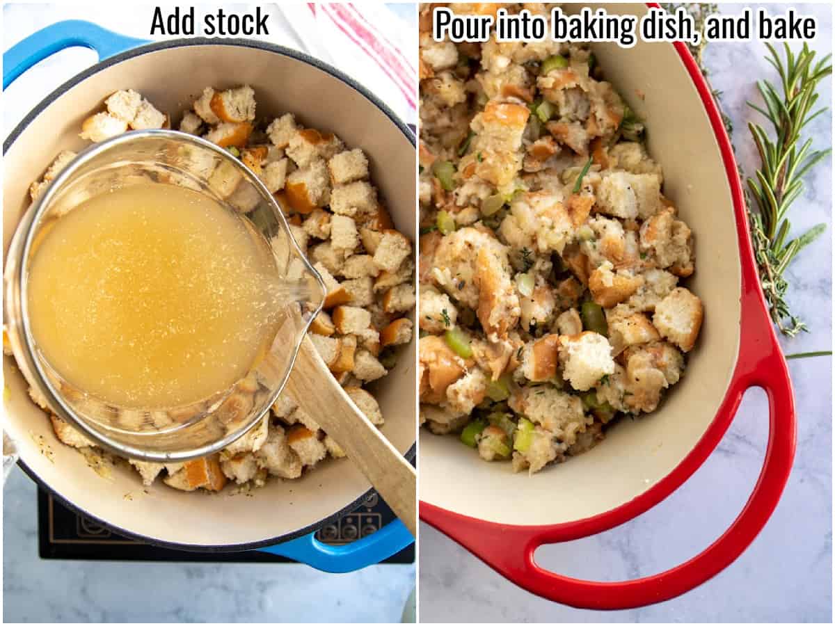 two pictures showing adding stock and adding stuffing to a baking dish.