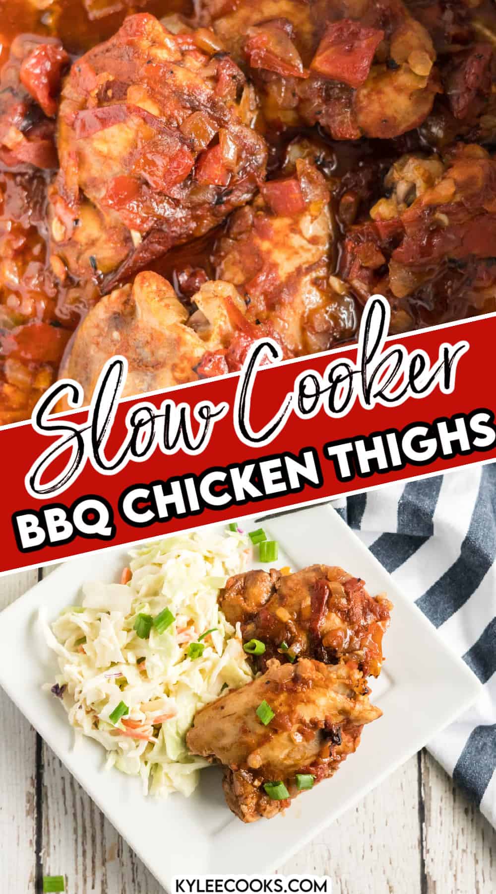 slow cooker bbq chicken thighs with recipe name overlaid in text.