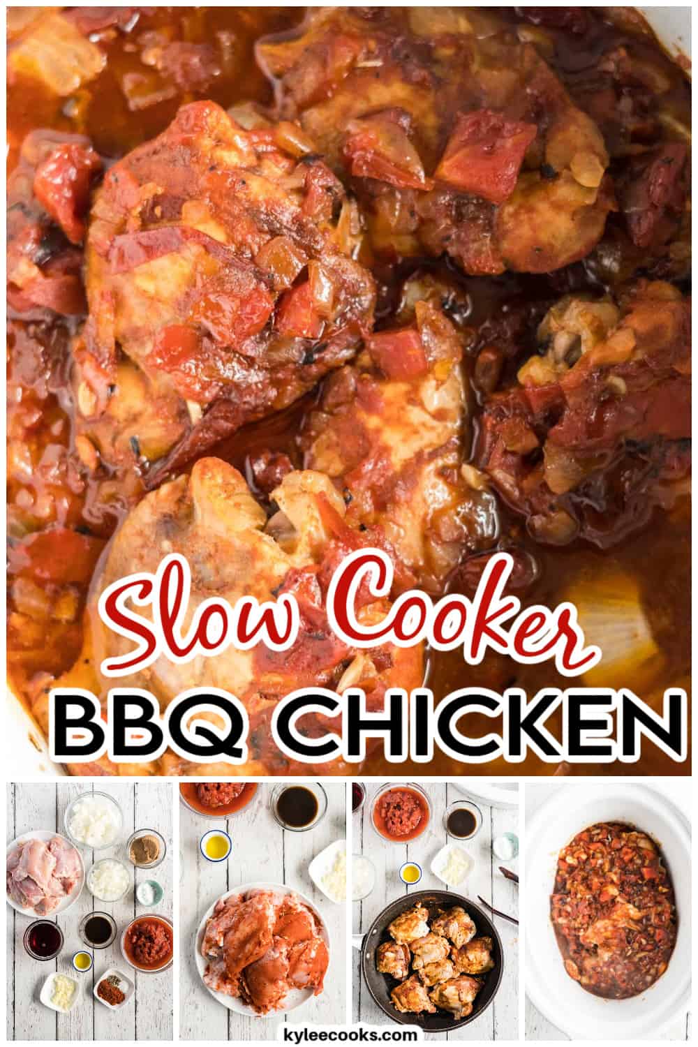 slow cooker bbq chicken thighs with recipe name overlaid in text. slow cooker bbq chicken thighs with recipe name overlaid in text.