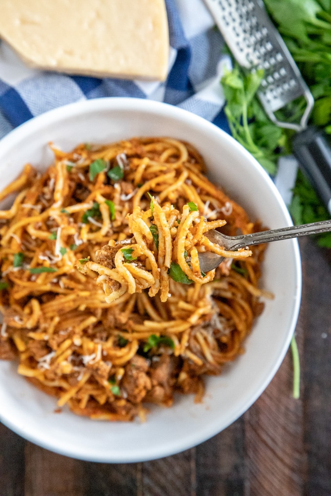 instant pot spaghetti twirled on a fork
