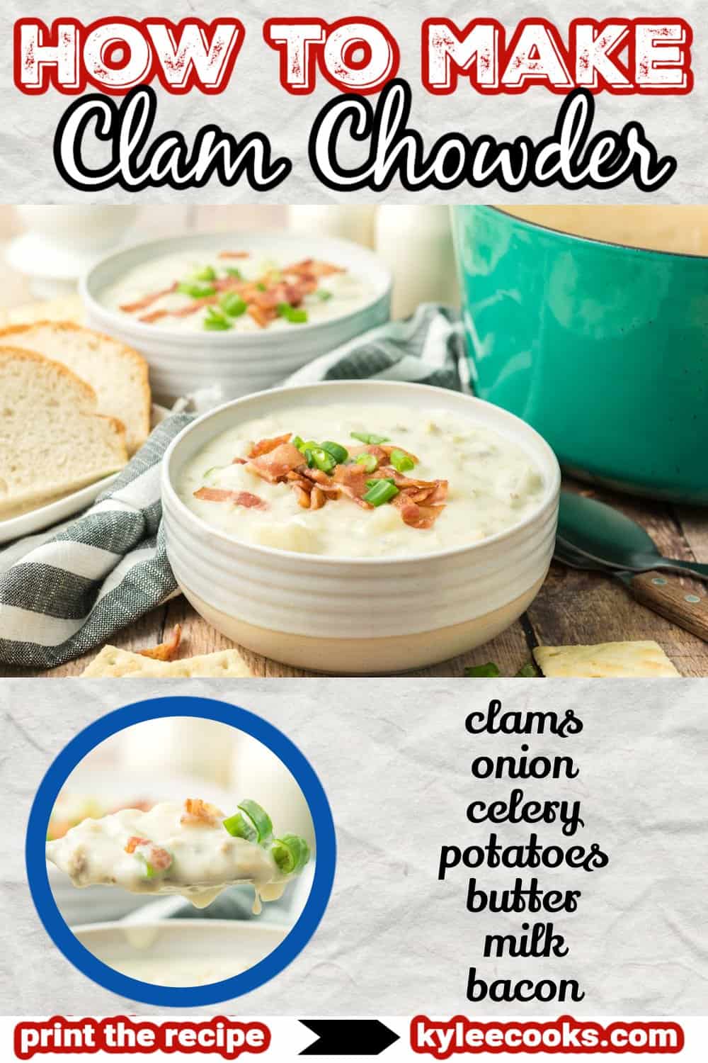 clam chowder in a white bowl.