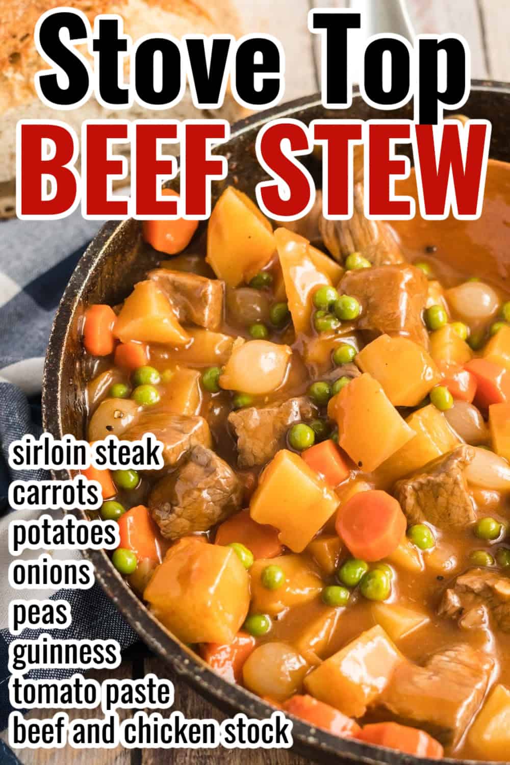 stove top beef stew in a skillet with a wooden spoon, and recipe name overlaid in text.
