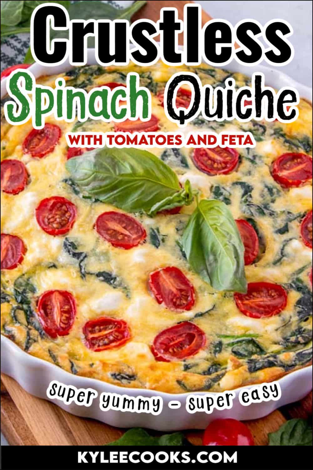 Fresh spinach is the star of the show in this Crustless Spinach Quiche recipe with tomatoes, onions, and feta. Delicious warm, room temperature, or chilled - this is a fantastic brunch, lunch or light dinner!